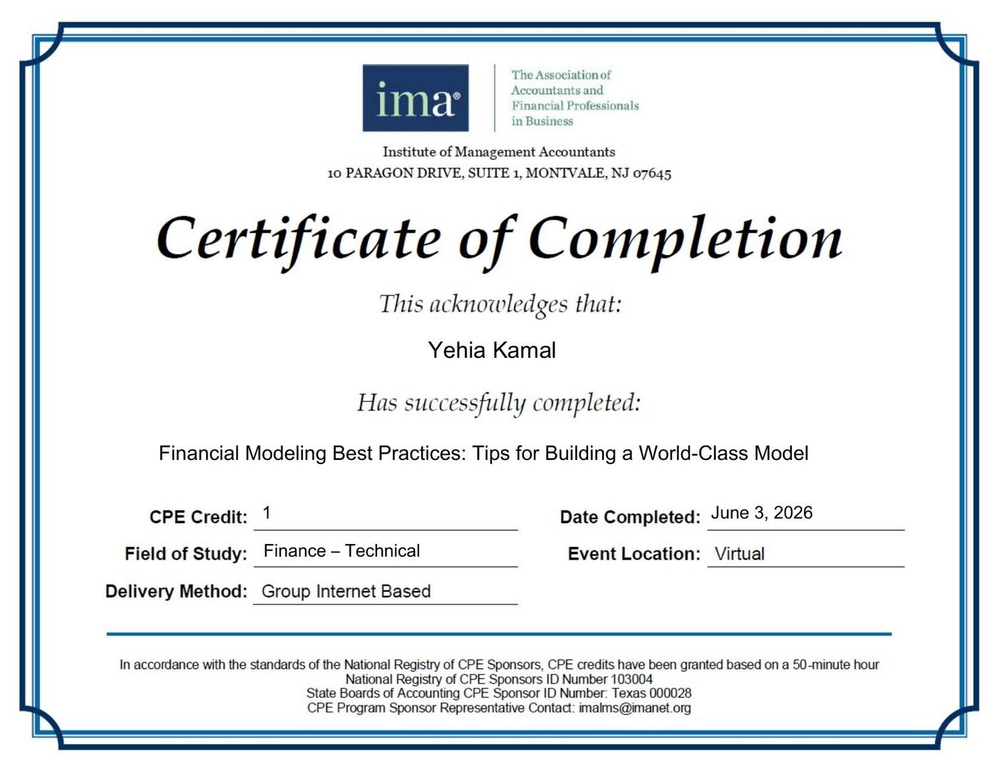 IMA Financial Modeling certificate